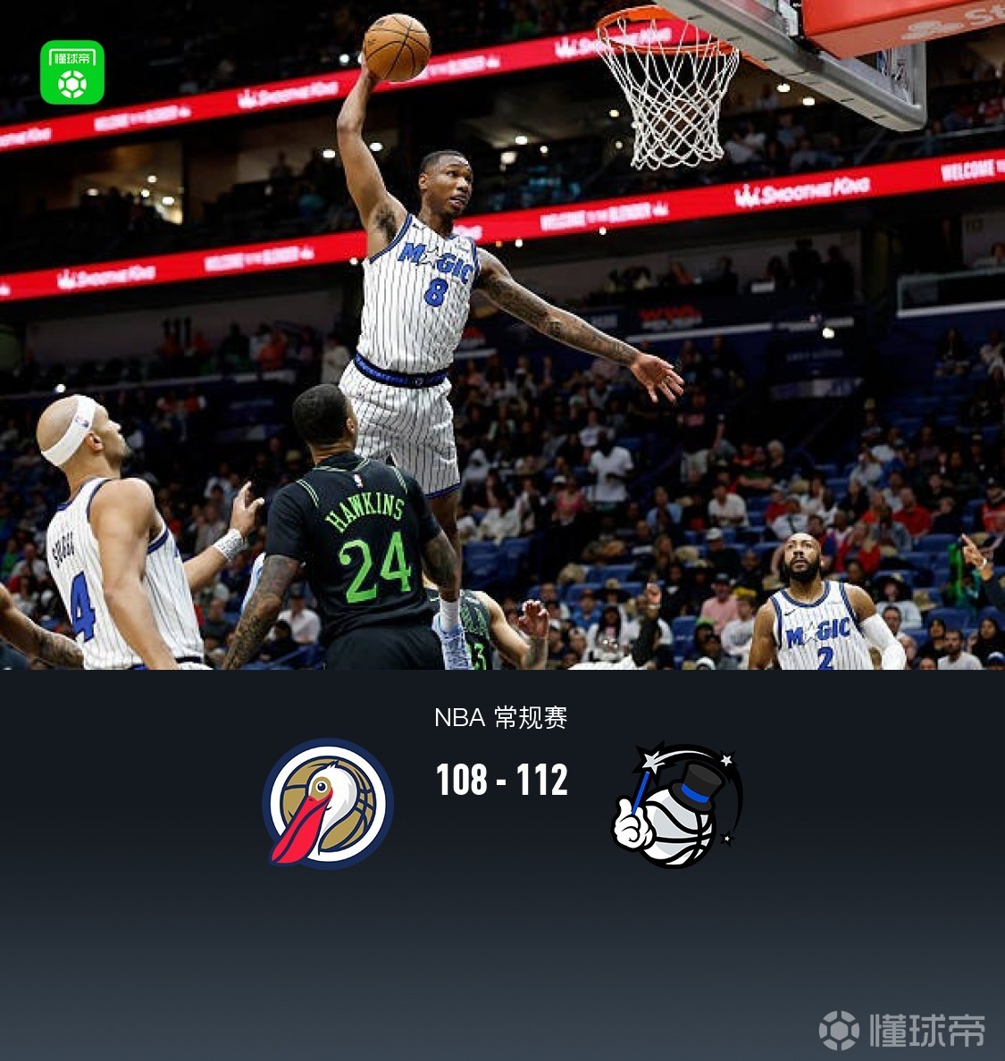 魔术112-108险胜鹈鹕，贝恩26分，班凯罗23+15+6